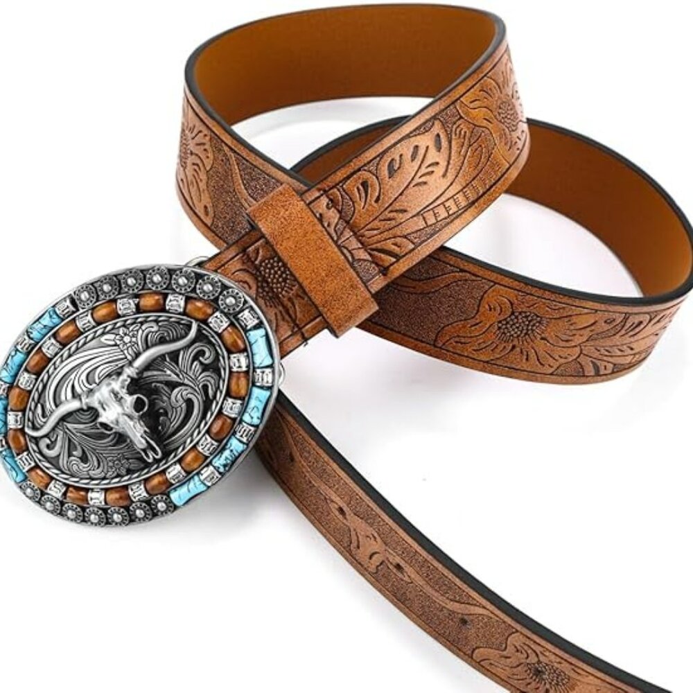 Women Western Cowgirl Belt Bull Turquoise Embossed Buckle for 31" to 35" waist